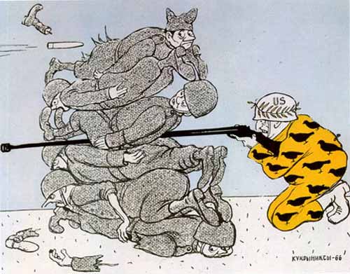 Карикатура Кукрыниксы. Прикрываются союзниками